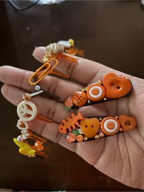 Orange  Decorative Hair Clips Set - Fun Button & Charm Accents